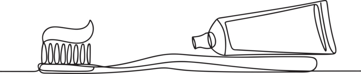 Obraz premium Toothbrush and paste continuous one line drawing and minimalist style isolate outline vector illustration. one line Icon drawing