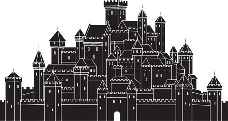 Obraz premium Detailed silhouette of a majestic medieval castle, showcasing fortified walls and numerous towering spires, evoking historical grandeur and enchanting fantasy themes