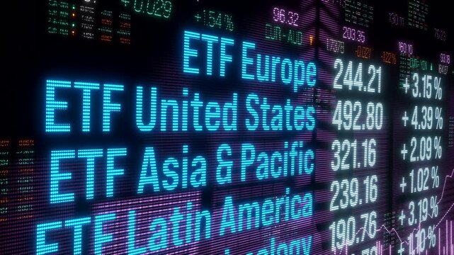 ETF exchange traded fund Europe, United States or Asian stock market, investment prices moving up. Financial market, risk, making money, strategy, wealth, growth.