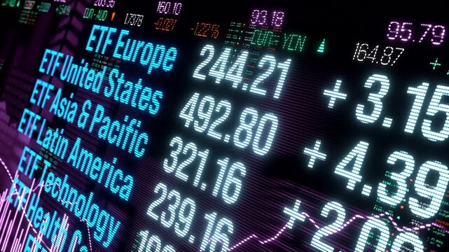 ETF exchange traded fund Europe, United States or Asian stock market, investment prices moving up. Financial market, risk, making money, strategy, wealth, growth.