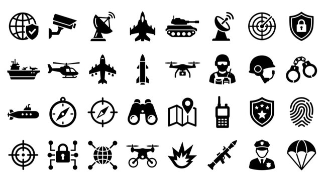 Collection of military and security icons representing defense technology surveillance and protection symbols