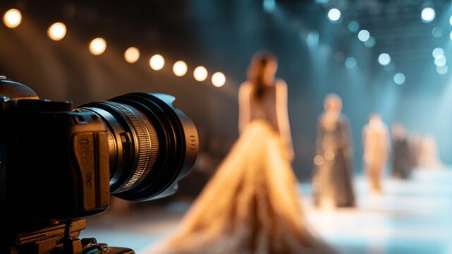 Camera capturing fashion show with models walking on runway  
