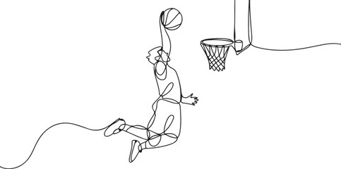 Basketball dunk continuous line. Continuous one line drawing of basketball player jumps high to score with slam dunk. Basketball man action concept. one line Icon drawing © firoz