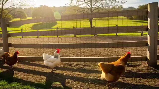 flock of chickens roaming in farm yard with rustic barn
