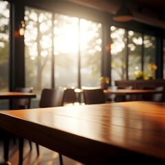 Fototapeta premium Warm interior of a restaurant with sunlight streaming through large windows
