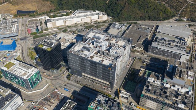 New Territories, Hong Kong - 14 February 2026: Aerial view of the Data Technology Hub DT Hub featuring modern industrial architecture and extensive rooftop technical facilities.
