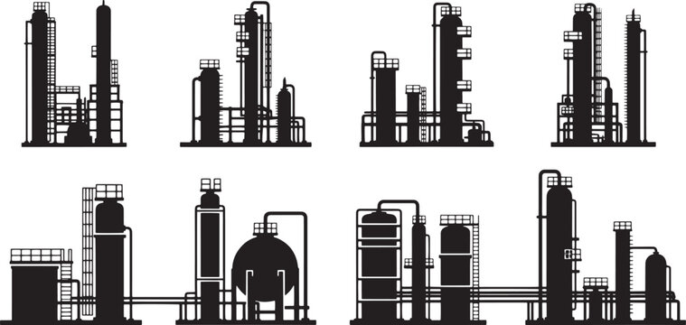 A comprehensive collection of diverse industrial plant silhouettes, representing complex manufacturing and energy production facilities in various configurations