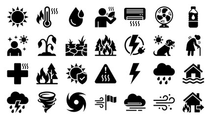 Fototapeta na wymiar Collection of weather and climate change icons representing extreme weather events and natural disasters including heat lightning storms and drought