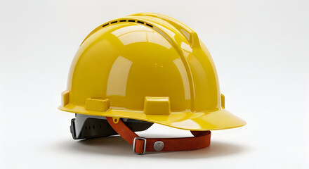 Fototapeta premium A yellow hard hat with an orange strap sits on a white background, symbolizing construction and safety