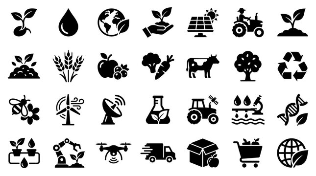 Modern agriculture icons representing farming technology innovation and sustainability concepts like growth, water, and renewable energy