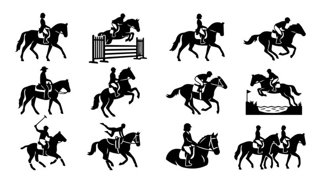 Horse Riding and Equestrian Sport Silhouette Icon Set &ndash; Jumping, Dressage, Racing and Riding Activities