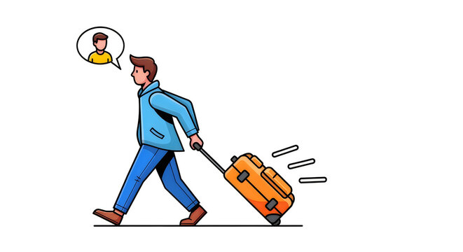A cartoon man walking with a suitcase and thinking about his journey