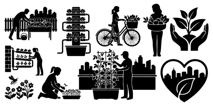 Urban gardening and sustainable lifestyle silhouettes set. Vector collection of people growing vegetables, vertical farming, hydroponics, and eco-friendly city life icons isolated