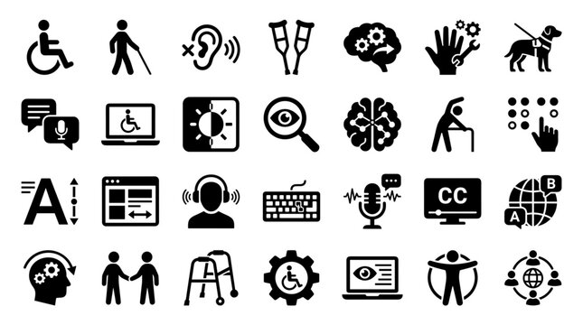 Collection of accessibility icons representing diverse needs and assistive technologies for inclusion and support