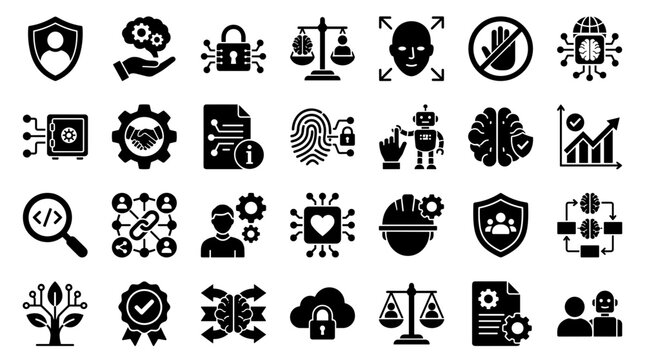 Collection of modern technology and business icons representing security data analysis artificial intelligence and digital innovation