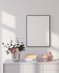 Obraz na płótnie Canvas Modern Living Room Poster Frame Mockup with Natural Light and Minimalist Decoration. 3D render.