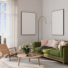 Plakat Modern Living Room Poster Frame Mockup with Natural Light and Minimalist Decoration. 3D render.