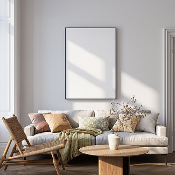 Modern Living Room Poster Frame Mockup with Natural Light and Minimalist Decoration. 3D render.