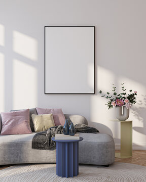 Modern Living Room Poster Frame Mockup with Natural Light and Minimalist Decoration. 3D render.