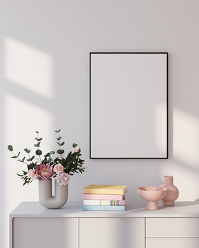 Modern Living Room Poster Frame Mockup with Natural Light and Minimalist Decoration. 3D render.