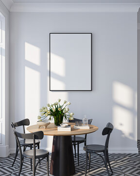 Modern Living Room Poster Frame Mockup with Natural Light and Minimalist Decoration. 3D render.