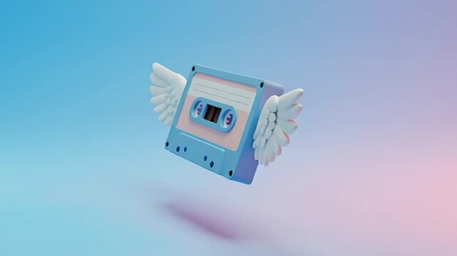 flying cassette tape with wings and clouds in sky