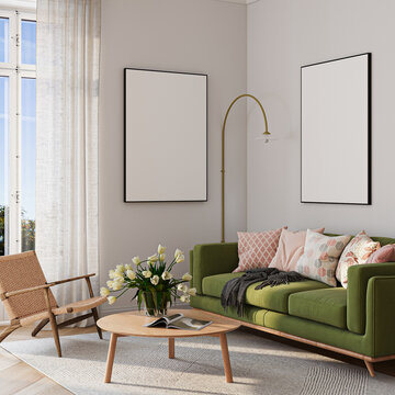Modern Living Room Poster Frame Mockup with Natural Light and Minimalist Decoration. 3D render.