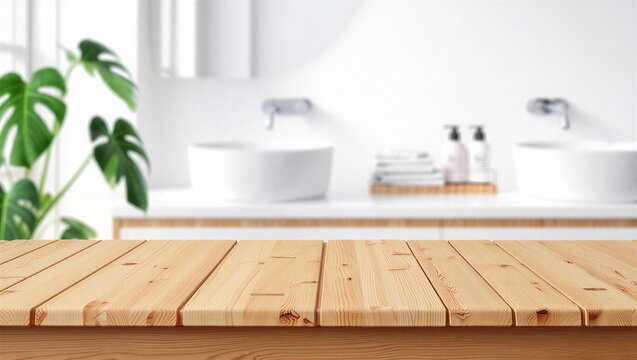 Empty wood tabletop in bright bathroom with twin sinks and plant with copy space