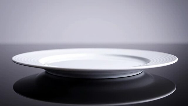 Empty white ceramic plate on a dark reflective surface