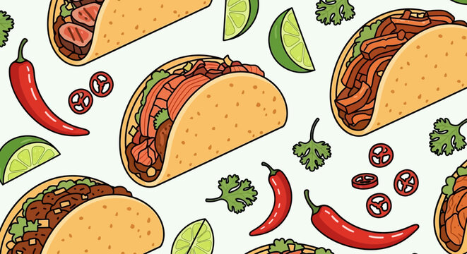 Vibrant Taco Pattern: Delicious Mexican Food Fiesta with Chili Peppers and Lime