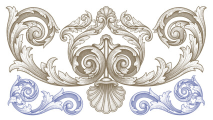 Fototapeta premium Collection of ornate decorative architectural elements and flourishes for classical design, borders, and embellishments