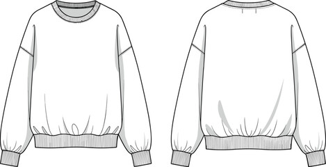Sweatshirt technical flat sketch template with front and back views, oversized long sleeve fleece jumper fashion vector illustration for apparel design. © DALIARA 