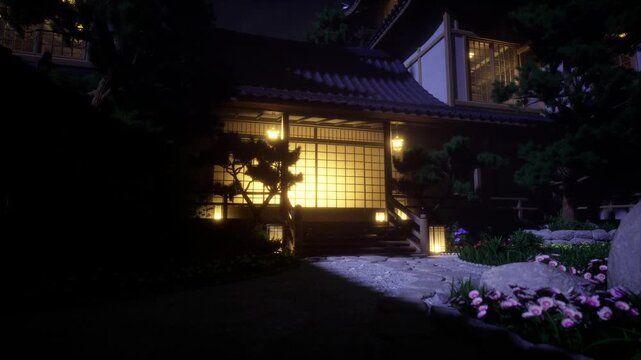 Warm lit Japanese house at night, tranquil garden path lined with stone lanterns and hydrangea, wooden veranda glowing through shoji screens, soft shadows