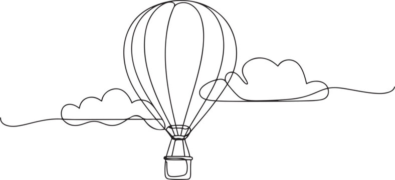 Hot air balloon floating in the sky among clouds in continuous line art drawing style. Minimalist black linear design. one line Icon drawing