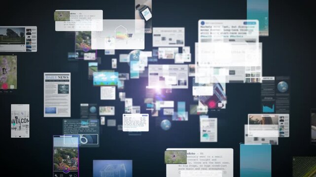 Floating digital panels and blurred interfaces create a sense of constant information flow, representing the overwhelming stream of data, news, and online communication in modern life.