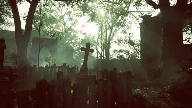 Sunbeams piercing mist over graveyard, soft warm glow, long tree shadows, weathered crosses, subtle lens flare, peaceful reverence, early morning atmosphere,