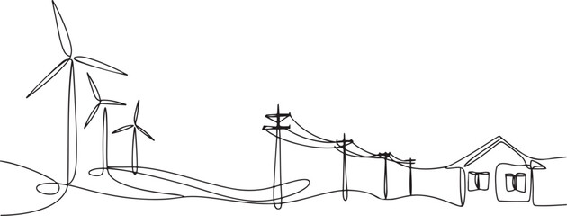 Wind energy in continuous line art drawing style. Landscape with wind turbines producing electricity, power line and abstract private home consumer. one line Icon drawing © firoz