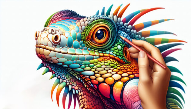 Ein farbenreich gestalteter Leguan wird mit einem feinen Pinsel bemalt. Die mosaikartigen Schuppen und der wei&szlig;e Hintergrund betonen den kreativen, k&uuml;nstlerischen Prozess.