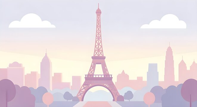 Flat Illustration of Eiffel Tower Paris Landmark Travel Scene
