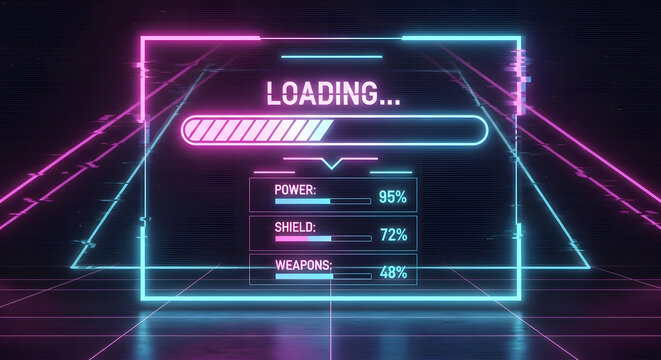 Futuristic Loading Screen UI: Neon Glitch Effect, Progress Bar, HUD Elements, Cyberpunk Style