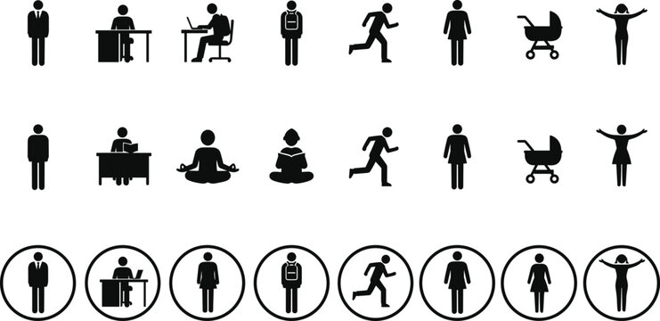 Comprehensive collection of people pictograms and human icons featuring business professional running student meditation stroller and office worker for infographic design isolated