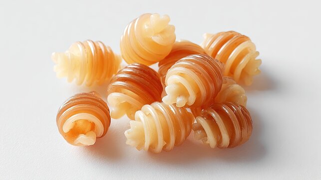 A small pile of colorful two toned fusilli rotini pasta shapes on a light surface
