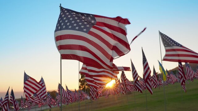 Waving American flags at sunset in Malibu, California, USA as part of September 11 tribute, warm light and motion creating dramatic patriotic coastal atmosphere. Slow motion