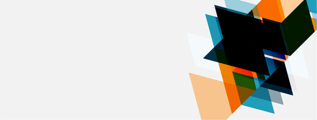 Fototapeta premium Abstract geometric shapes overlap, creating dynamic composition. Colors include orange, blue, green, black, white. Minimalist design.