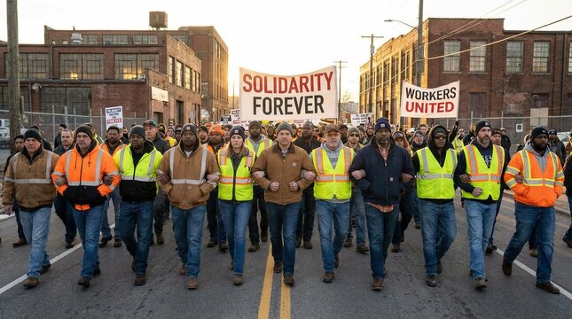 Workers marching in solidarity on city street with protest signs
