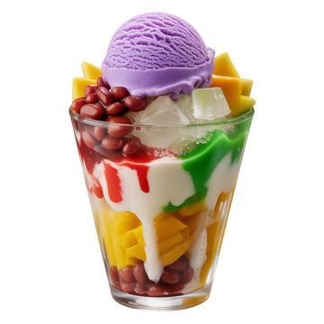 A colorful filipino dessert called halohalo in a glass cup with ice cream on top