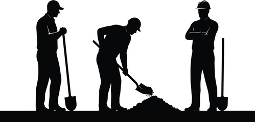 Construction workers silhouette team performing different roles including shoveling dirt holding shovel with foreman supervising at the site isolated vector icon on white background © 403Forbidden