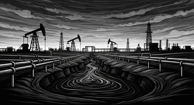 Oil field with pump jacks and pipelines under a dramatic sky.