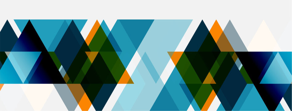 Abstract geometric pattern. Triangles overlap, creating dynamic visual texture. Cool blues, greens, oranges dominate design.