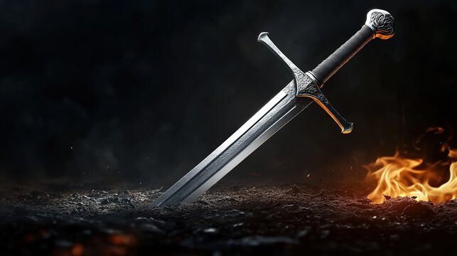 greatsword. Medieval greatsword thrust into scorched earth on battlefield. event programs, museum guides, designed for cultural heritage projects and event programs, elevates cultural identity.